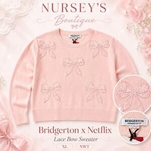 Bridgerton Netflix Lace Bow Applique Sweater XL Pink NWT